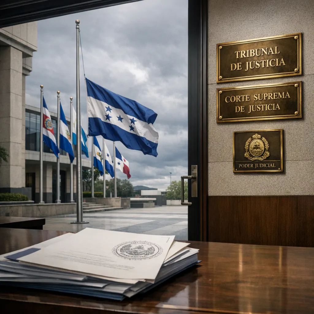La bandera de Honduras frente a un edificio institucional que representa la Corte Centroamericana de Justicia