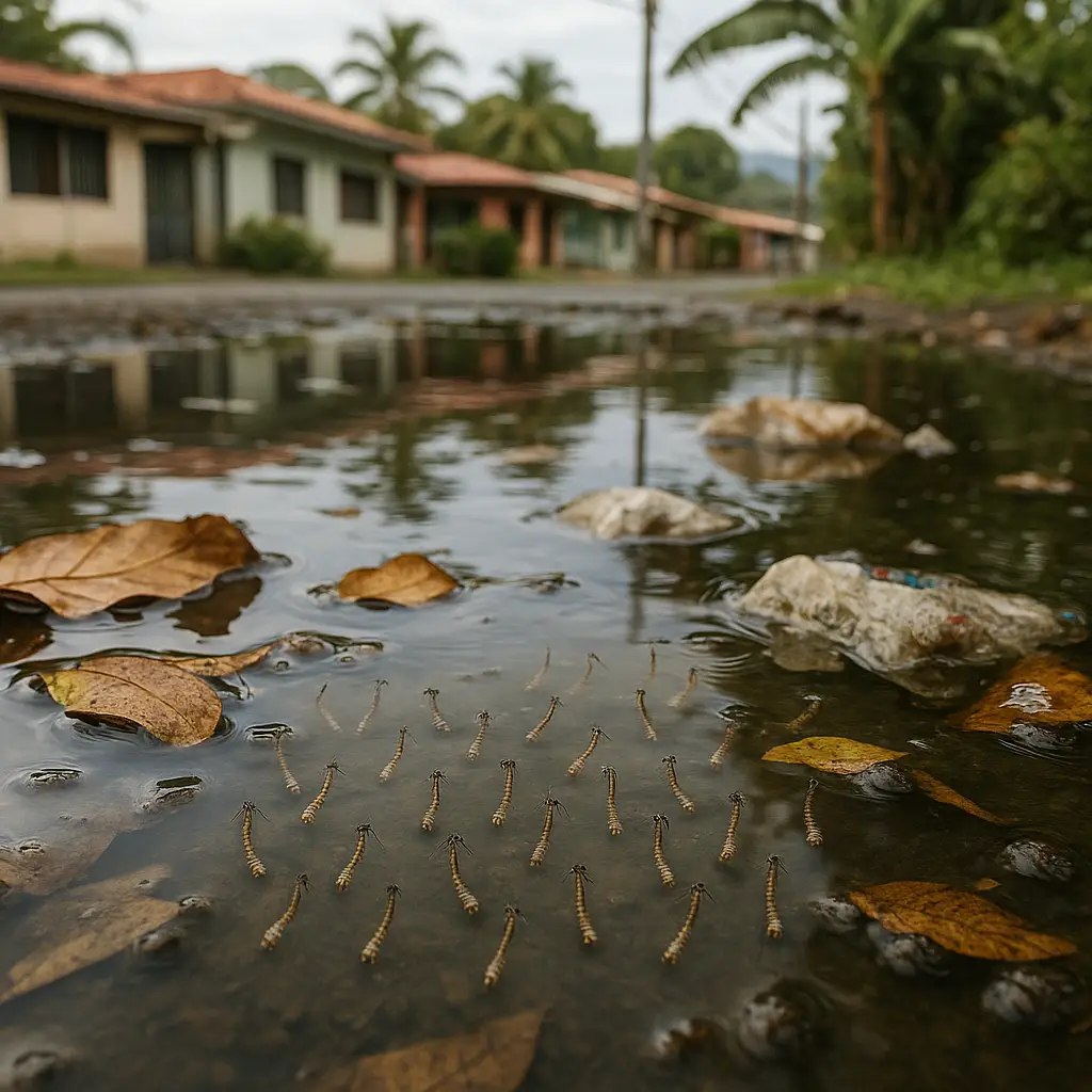Mosquito Aedes aegypti sobre hoja verde, vector del dengue en Costa Rica