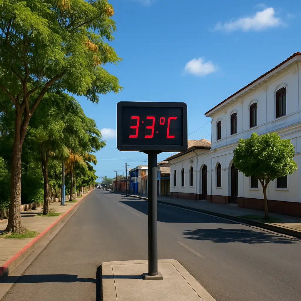 Vista panorámica del clima soleado en Liberia, Costa Rica, con cielo despejado y temperatura cálida.